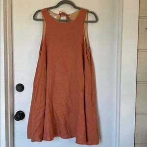 Lanhtropy sleeveless A-Line Dress terracotta 100% Linen tie back pockets medium